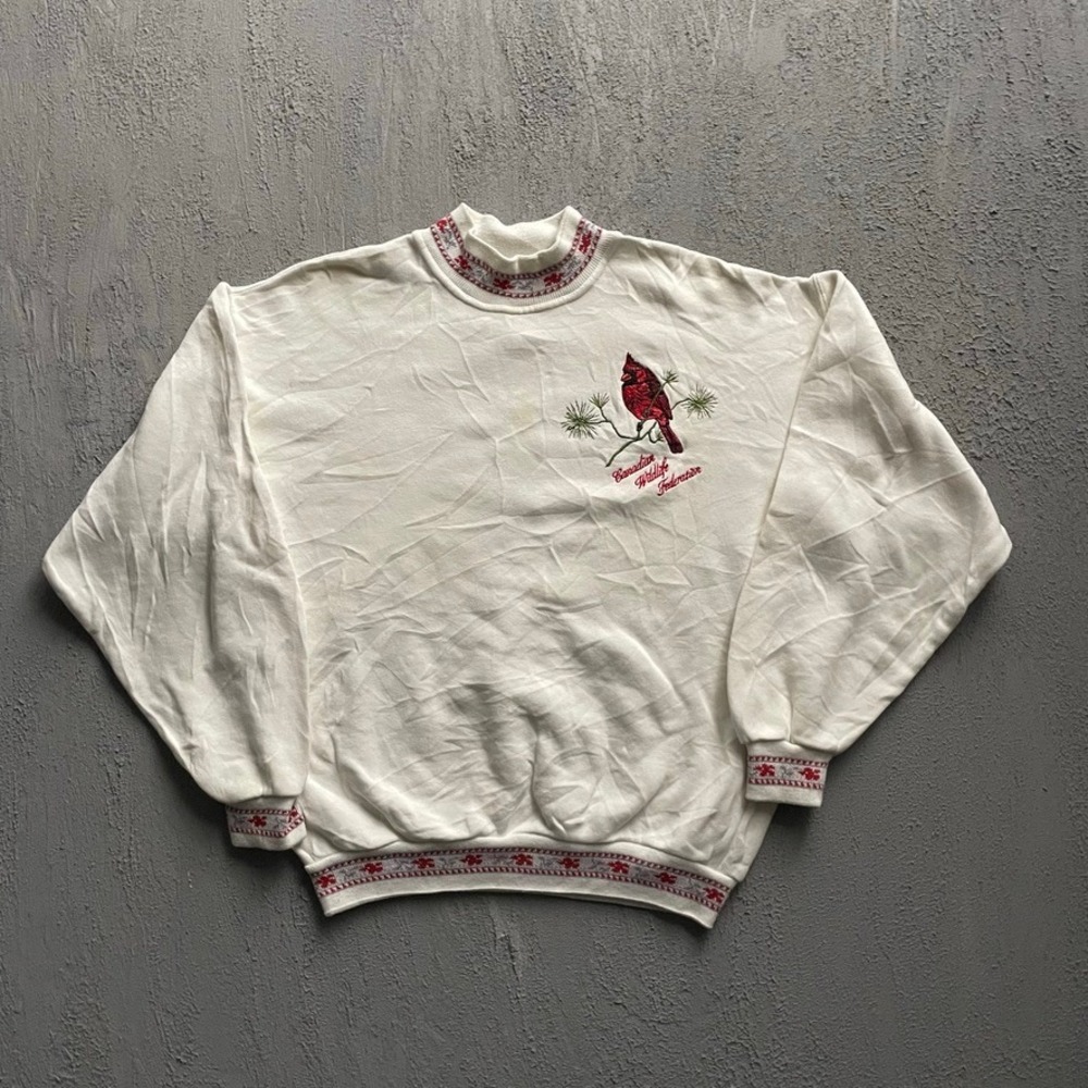 Vintage Cardinal Embroidered Sweatshirt Unisex Small White 90s Spirit Lake
